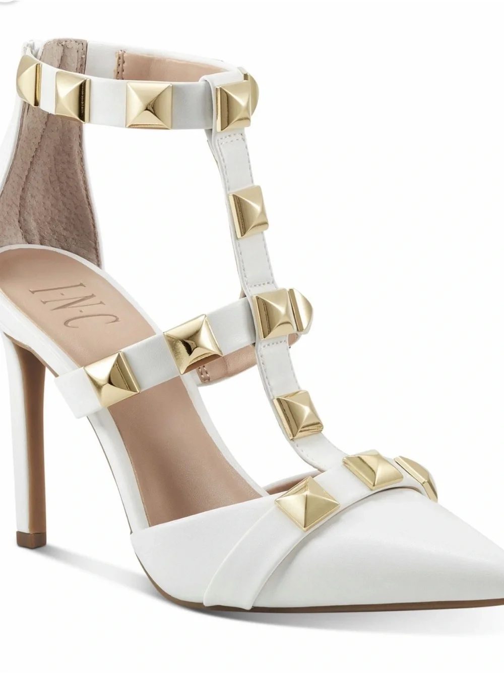 NEW INC White T-Strap Pointed High Heel with Gold Studs 10M